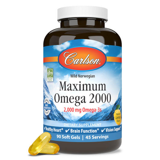 Carlson Maximum Omega 2000 — 2000 mg Omega-3 per Serving, Lemon Soft Gels, Wild-Caught, 90 Soft Gels
