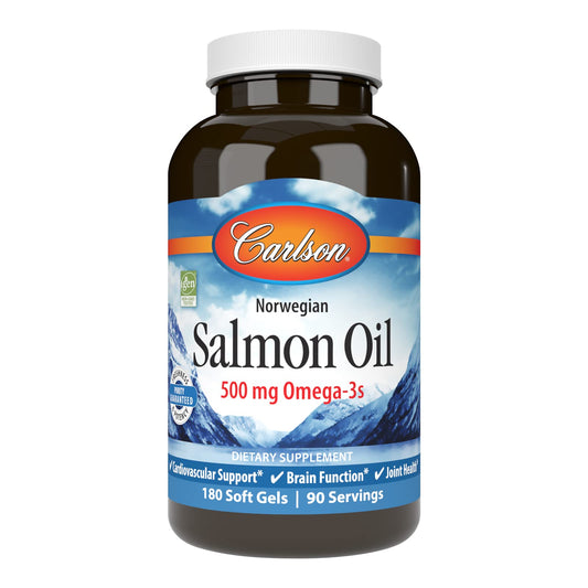 Carlson Salmon Oil 500 mg Omega-3 — Norwegian Wild-Caught, Sustainably Sourced, 180 Softgels