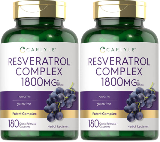Carlyle Resveratrol 1800mg Supplement – 180 Capsules, Non-GMO & Gluten Free | Pack of 2