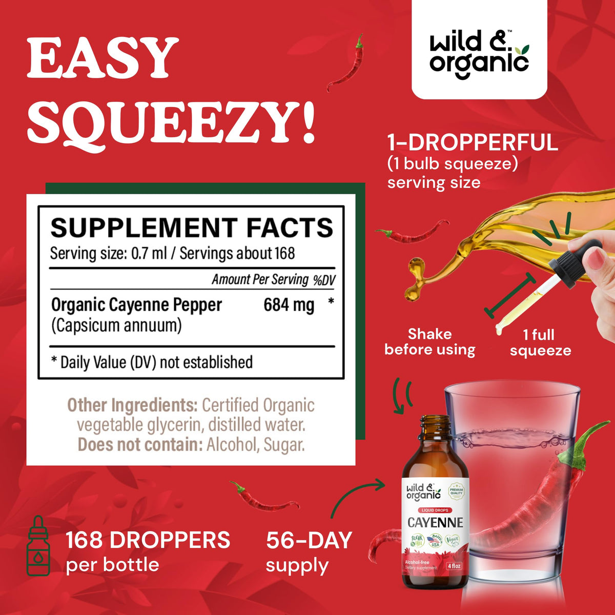 Wild & Organic Cayenne Pepper Tincture - Digestive Support, Vegan & Alcohol-Free - 4 fl oz