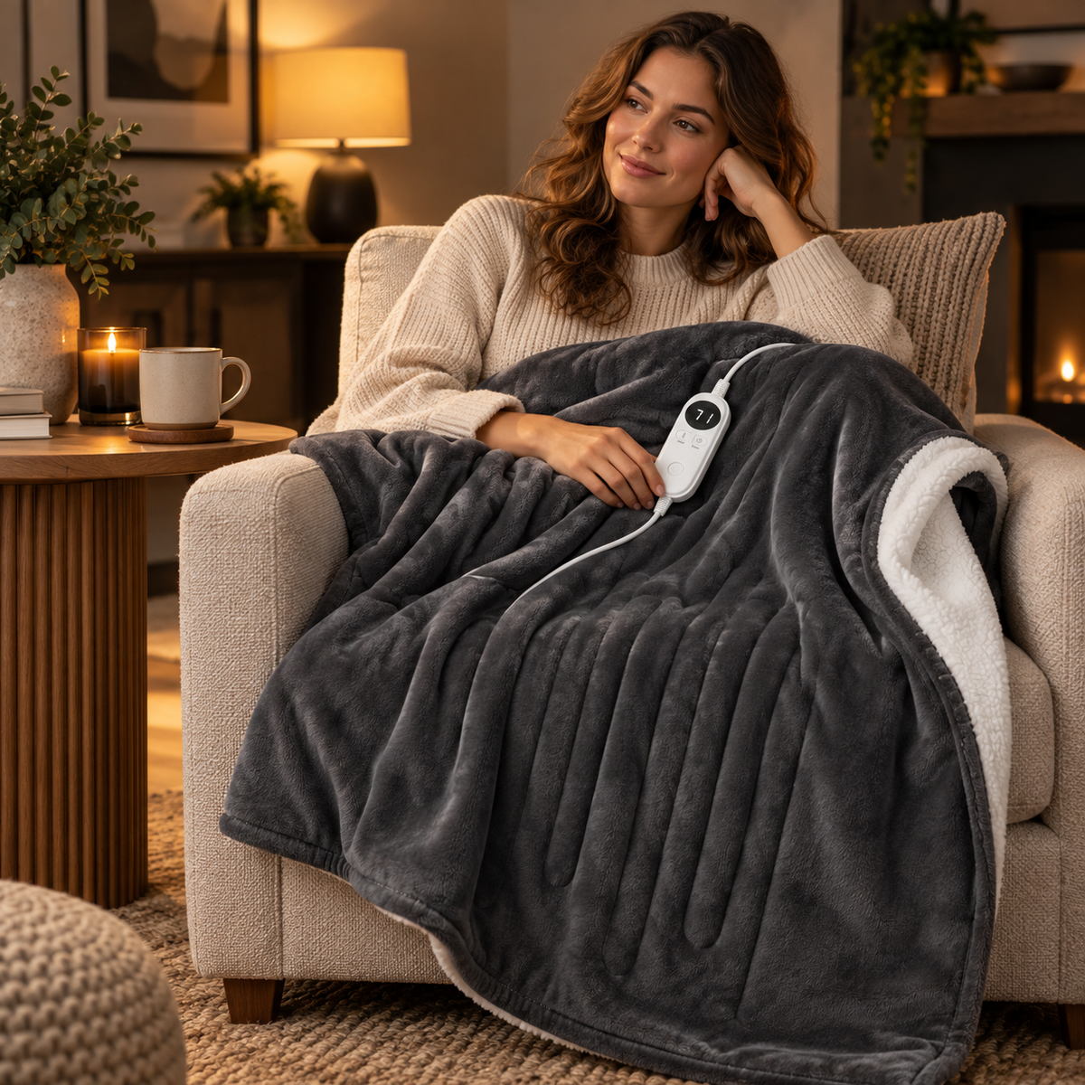 Large Grey Heated Flannel & Sherpa Fleece Throw Blanket