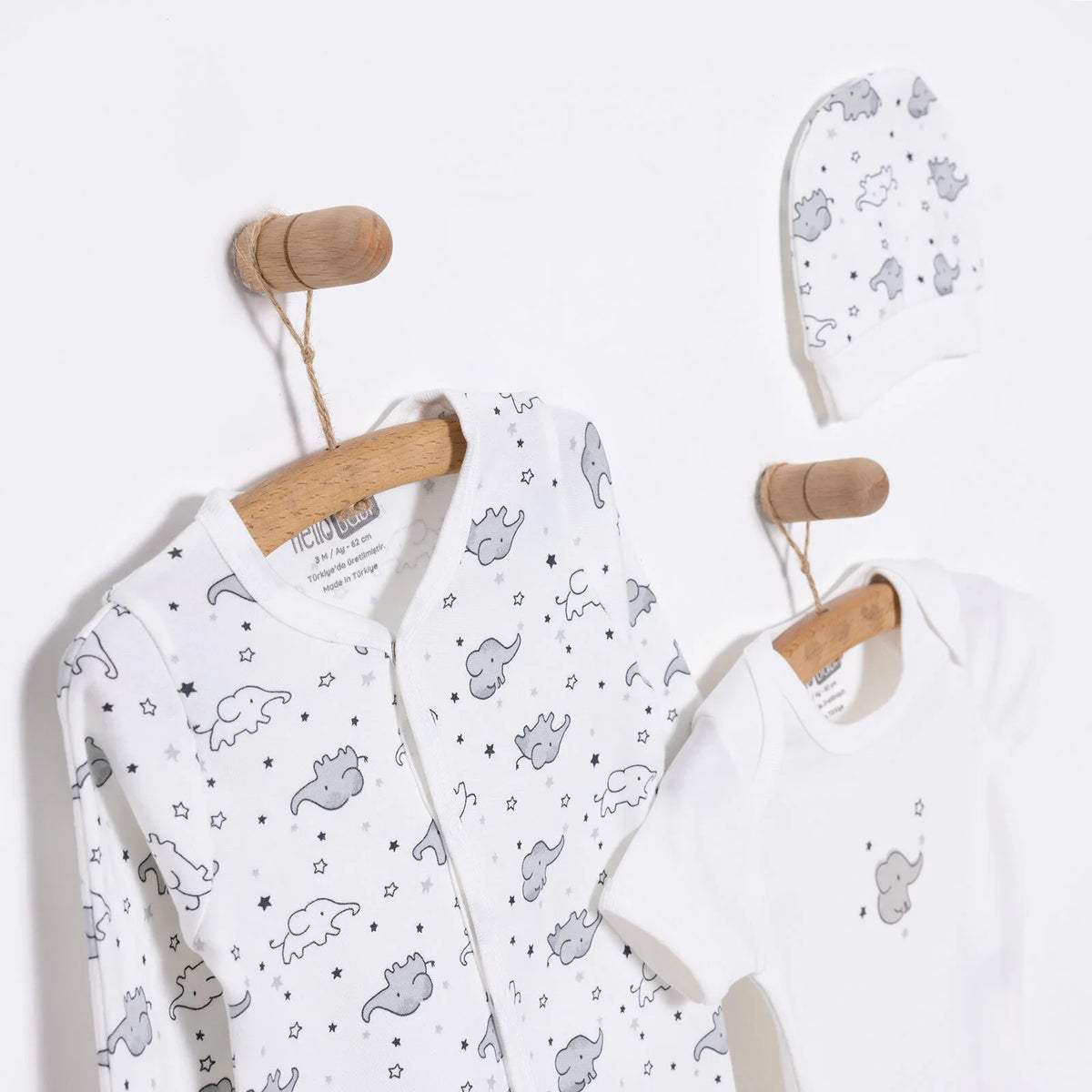 HelloBaby Crew Neck Elephant Print 3 Piece Baby Sleepsuit Set (Newborn to 6 Months)