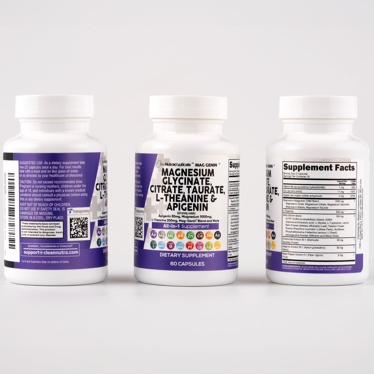 Magnesium Glycinate Complex 1000mg with L-Theanine & Apigenin – 60 Count | Clean Nutraceuticals