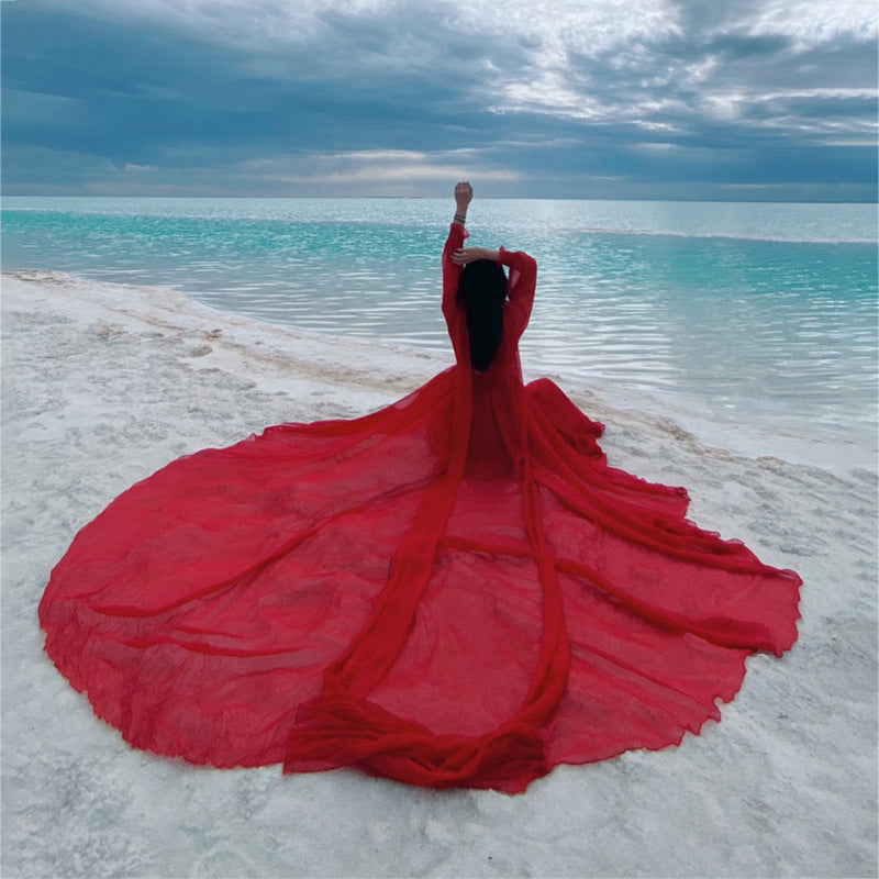 Silk Fairy Temperament Seaside Vacation Beach Dress Red