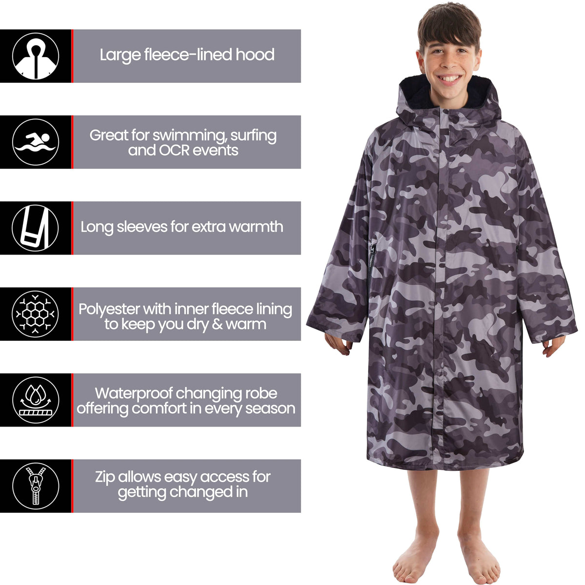 Heatwave Thermalwear Changing Robe Kids Unisex Hooded Coat Camouflage Black Windproof