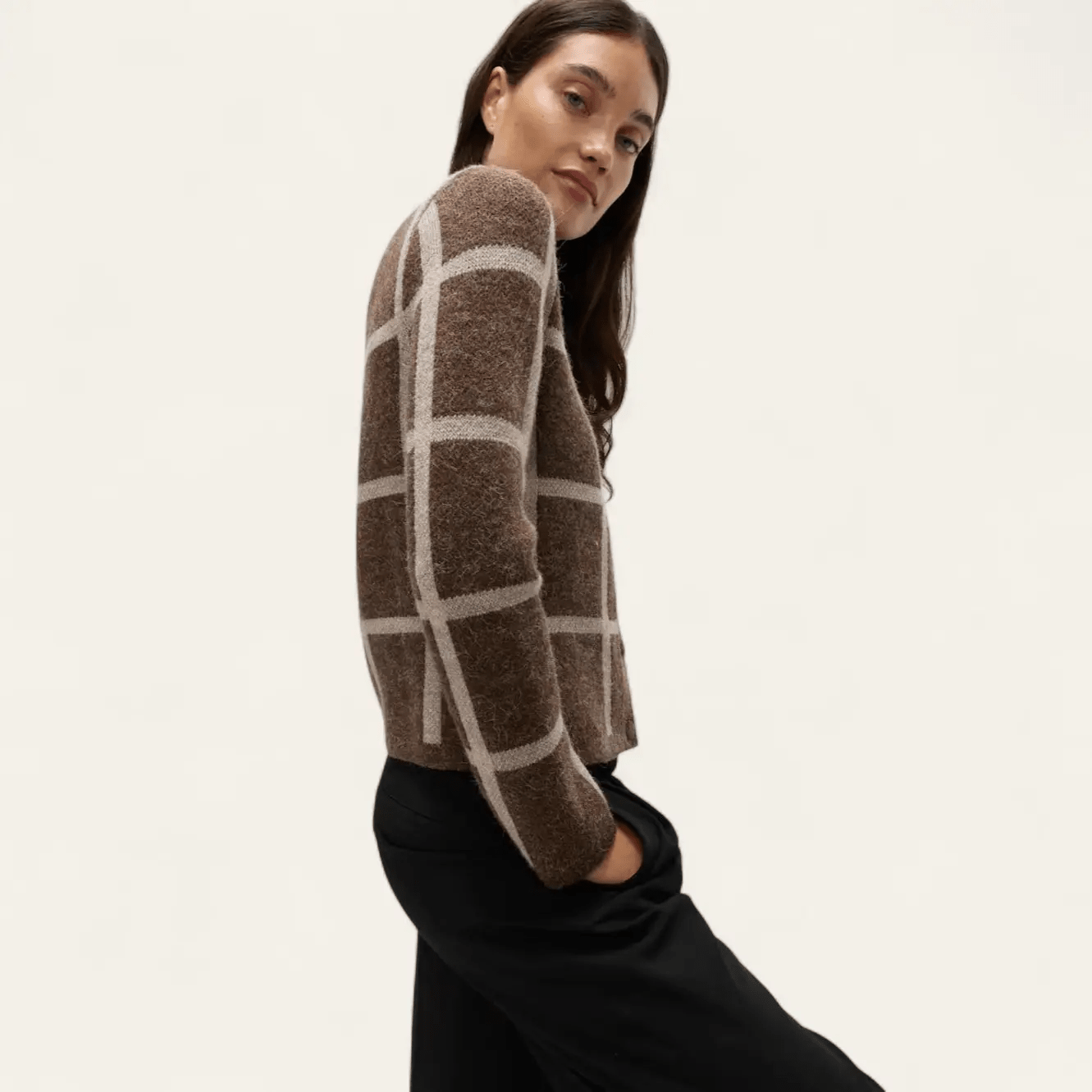 Checked Crew Neck Cardigan With Wool