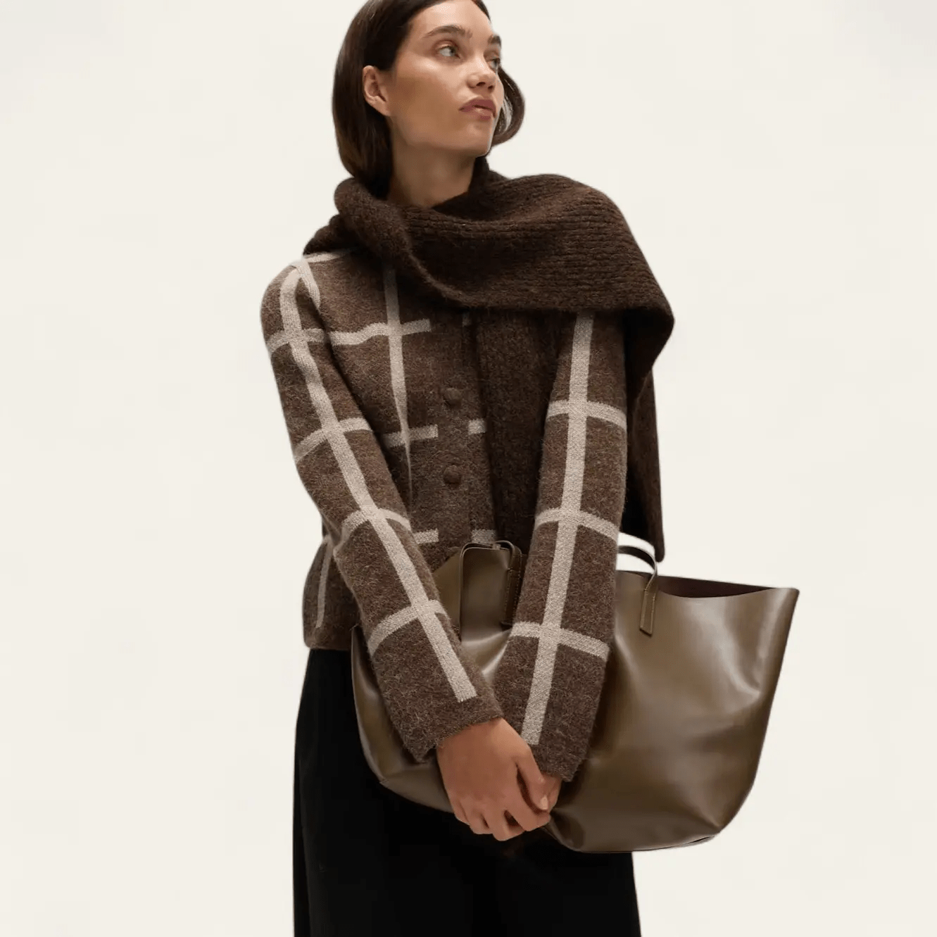 Checked Crew Neck Cardigan With Wool