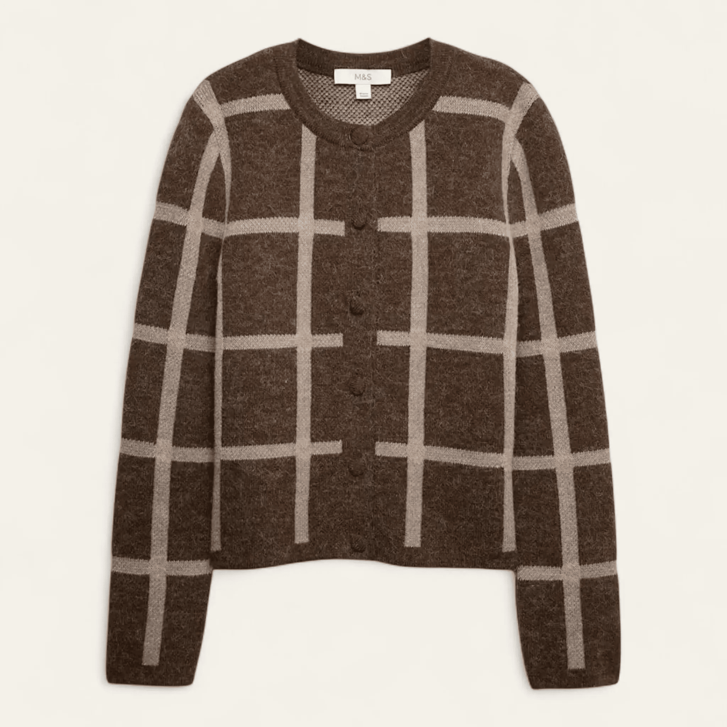 Checked Crew Neck Cardigan With Wool