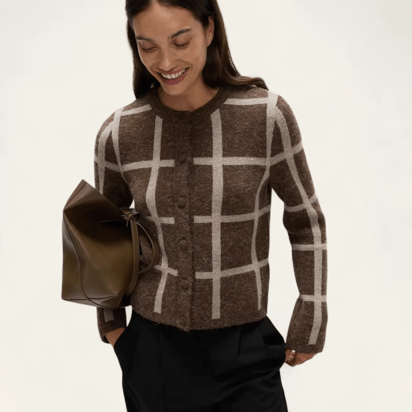 Checked Crew Neck Cardigan With Wool