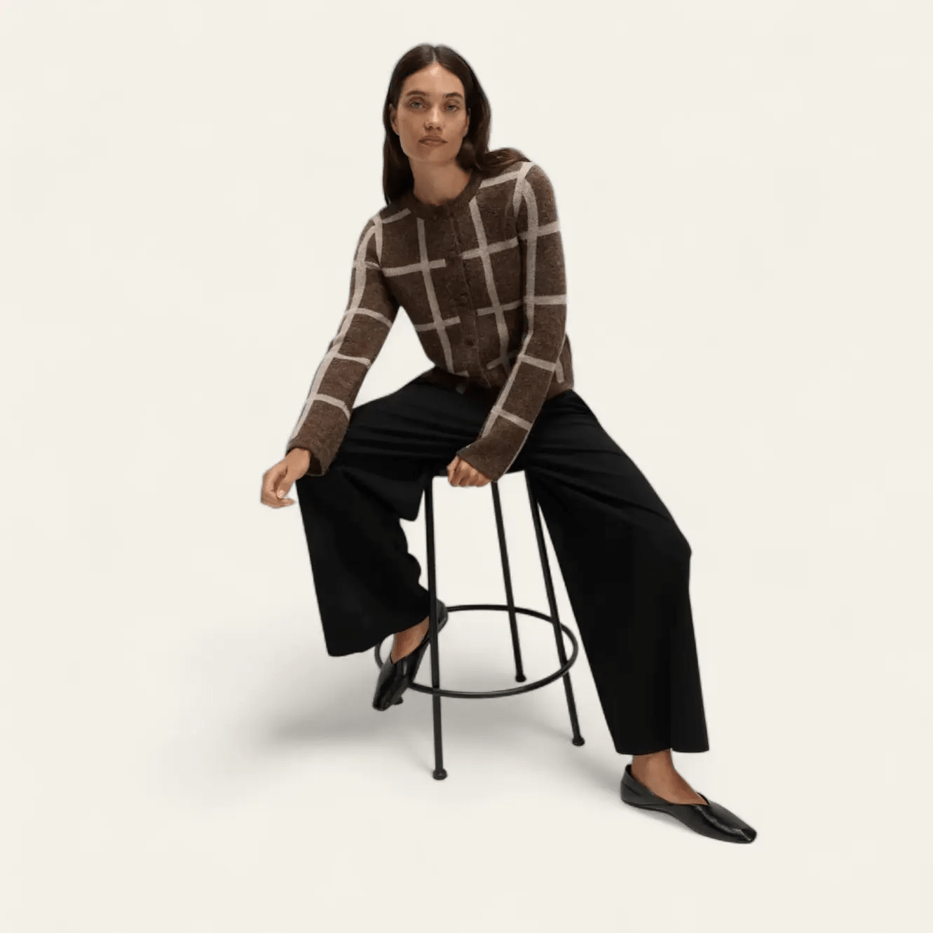 Checked Crew Neck Cardigan With Wool