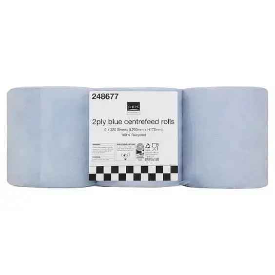 Chef's Essentials 2Ply Blue Centrefeed Rolls