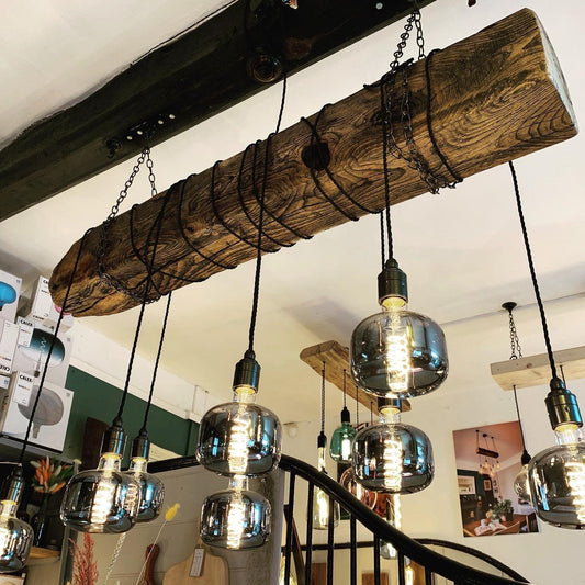 Chunky Rustic Oak Beam Chandelier with Wrapped Cables
