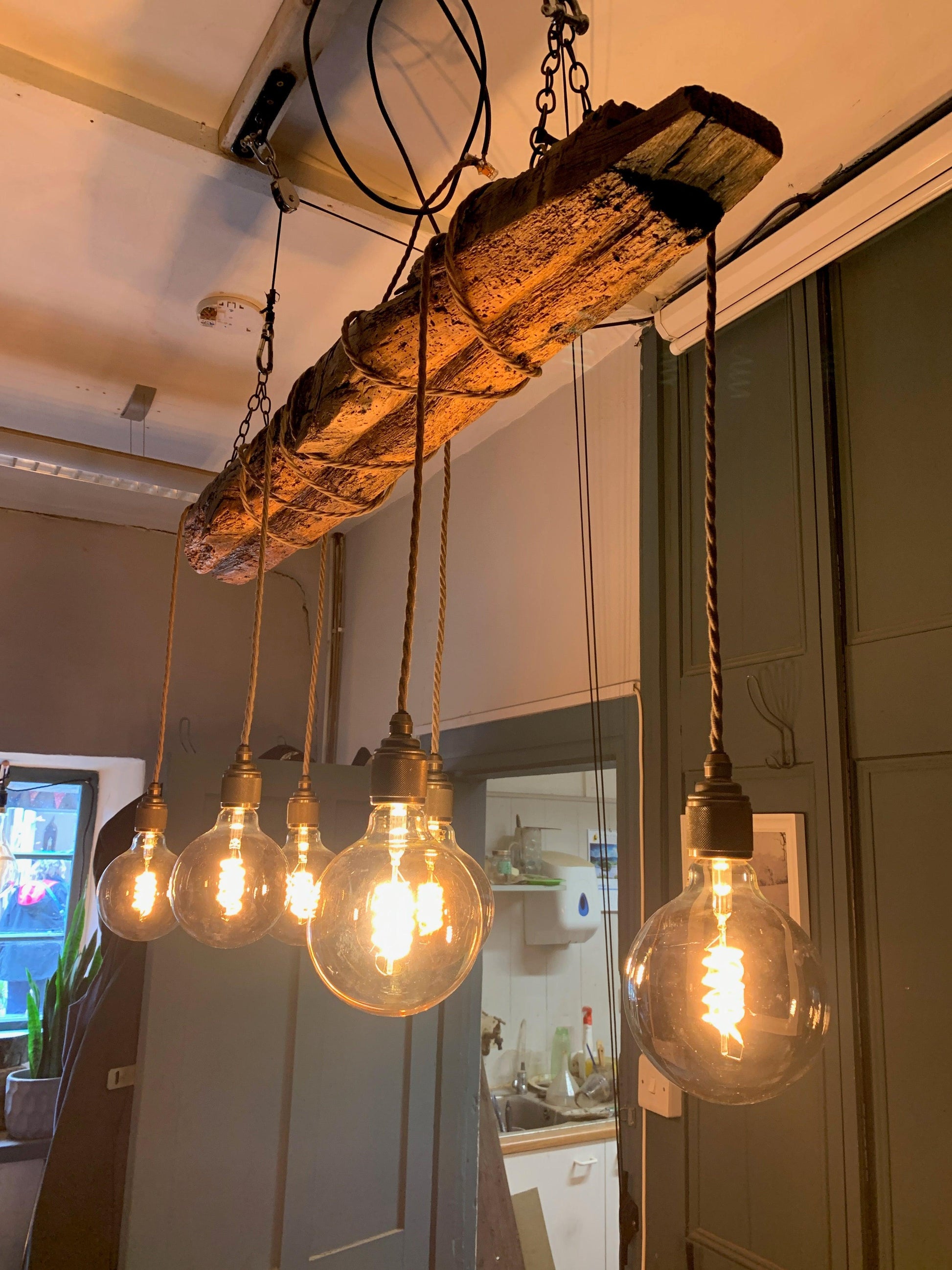 Chunky Rustic Oak Beam Chandelier with Wrapped Cables