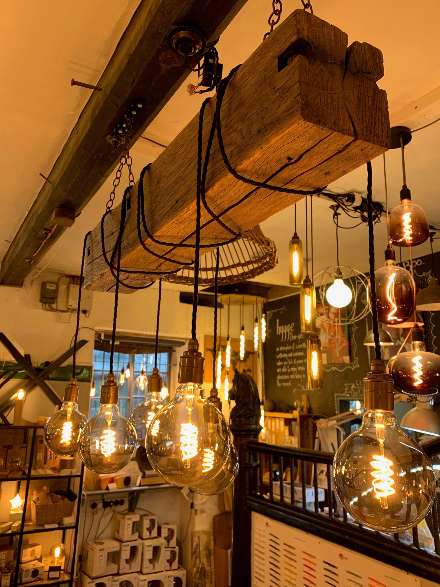 Chunky Rustic Oak Beam Chandelier with Wrapped Cables