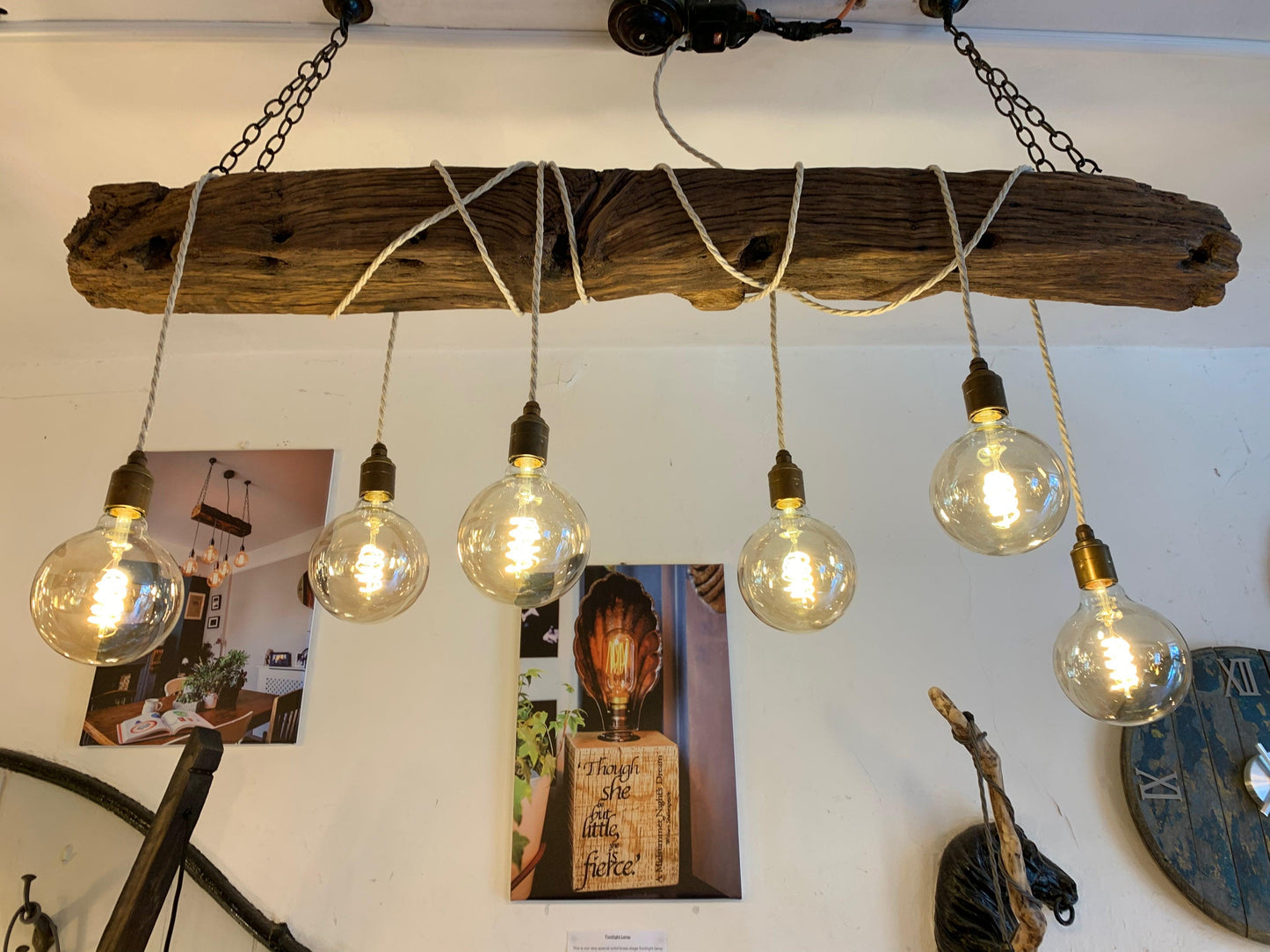 Chunky Rustic Oak Beam Chandelier with Wrapped Cables