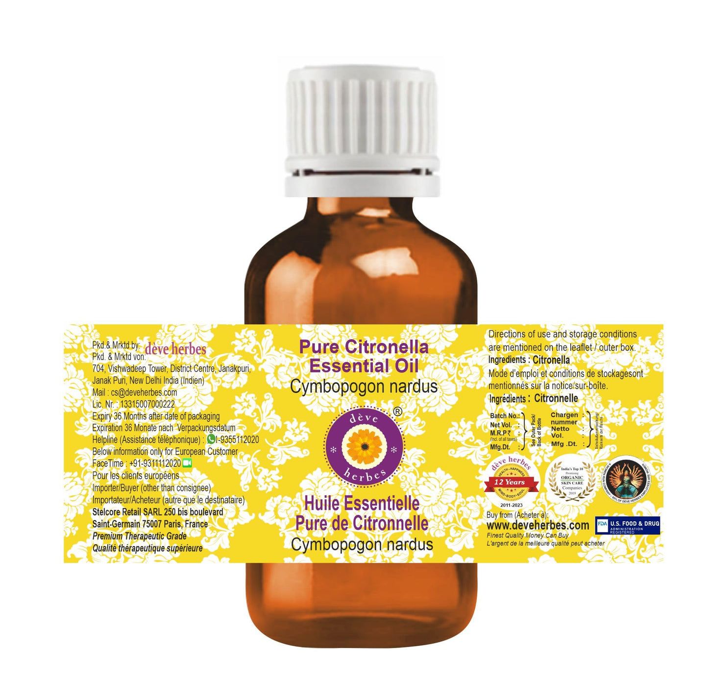 Deve Herbes Pure Citronella Essential Oil - Steam Distilled 50ml (1.69 oz)