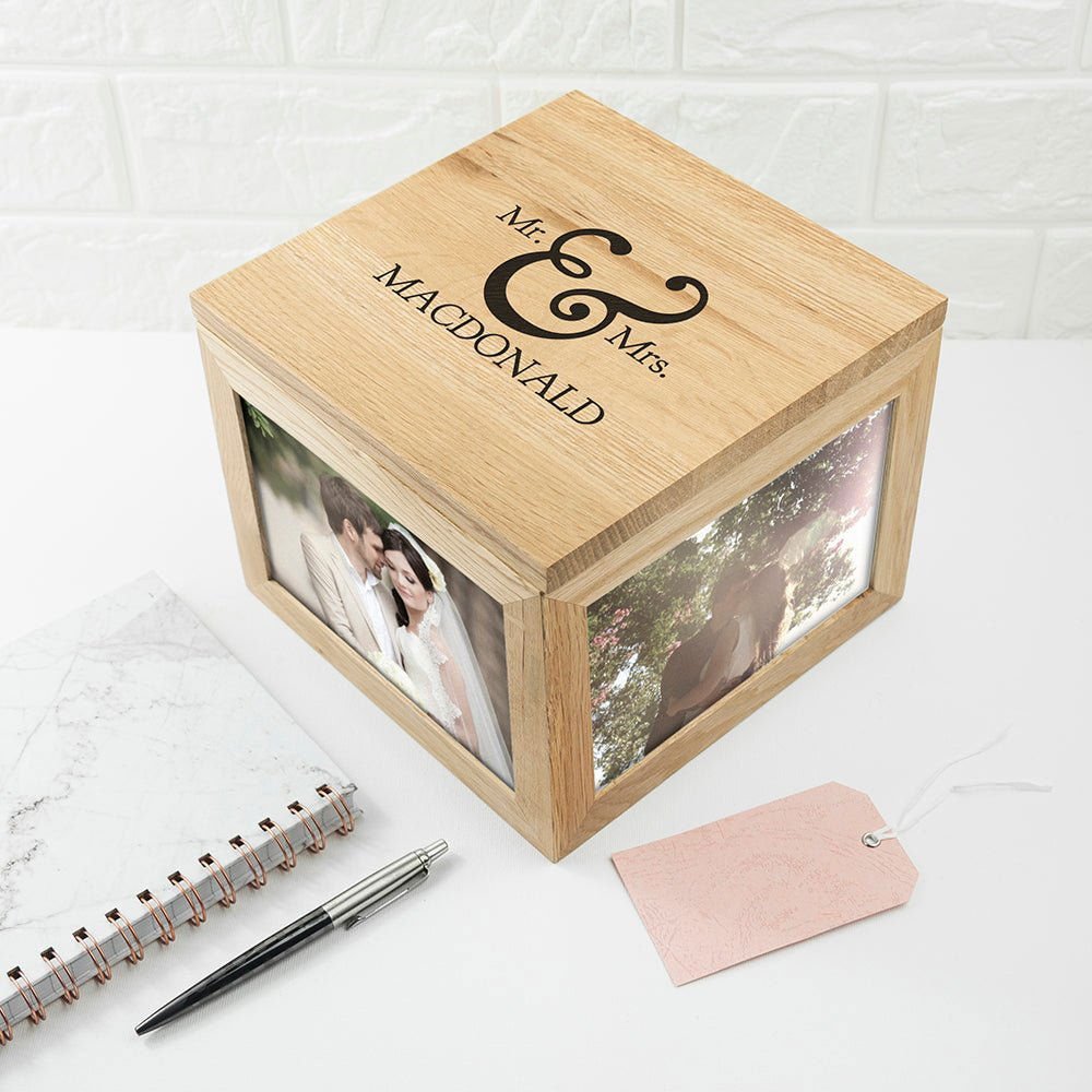 Classic Mr & Mrs Oak Photo Keepsake Box