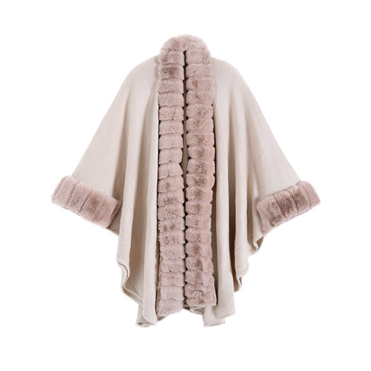 Classic Oversized Knit Coat With Artificial Rabbit Fur Collar - Elegant Pullover Cloak in Monochrome