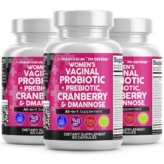 Clean Nutraceuticals Vaginal Probiotics + Prebiotics 20B – Cranberry & D-Mannose Urinary Health, 3-Pack