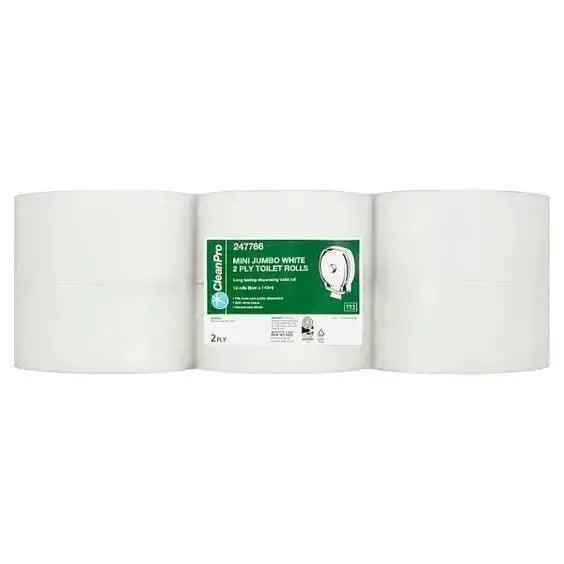 Clean Pro Mini Jumbo White 2 Ply 12 Toilet Rolls