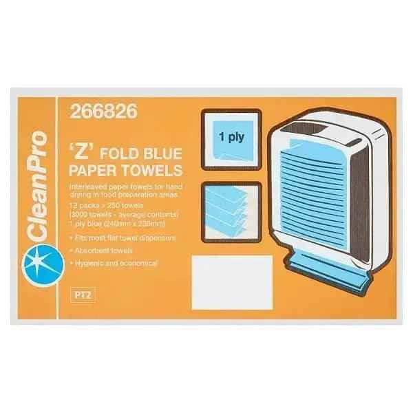 CleanPro Z Fold Blue Paper Towels 1 Ply 12 Packs x 250 Sheets