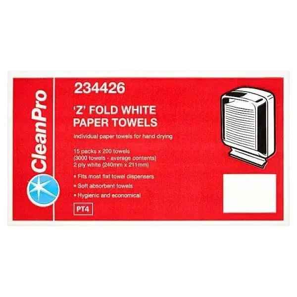 CleanPro Z Fold White Paper Towels 2 Ply 15 Packs 200 Towels