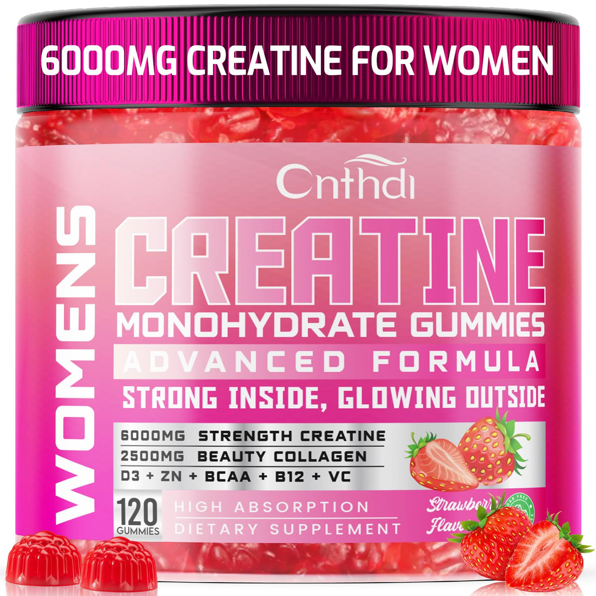 CNFHDI Creatine Monohydrate Gummies 6000mg for Women – Pre-Workout, Strawberry, Sugar Free & Non-GMO, 120 Count