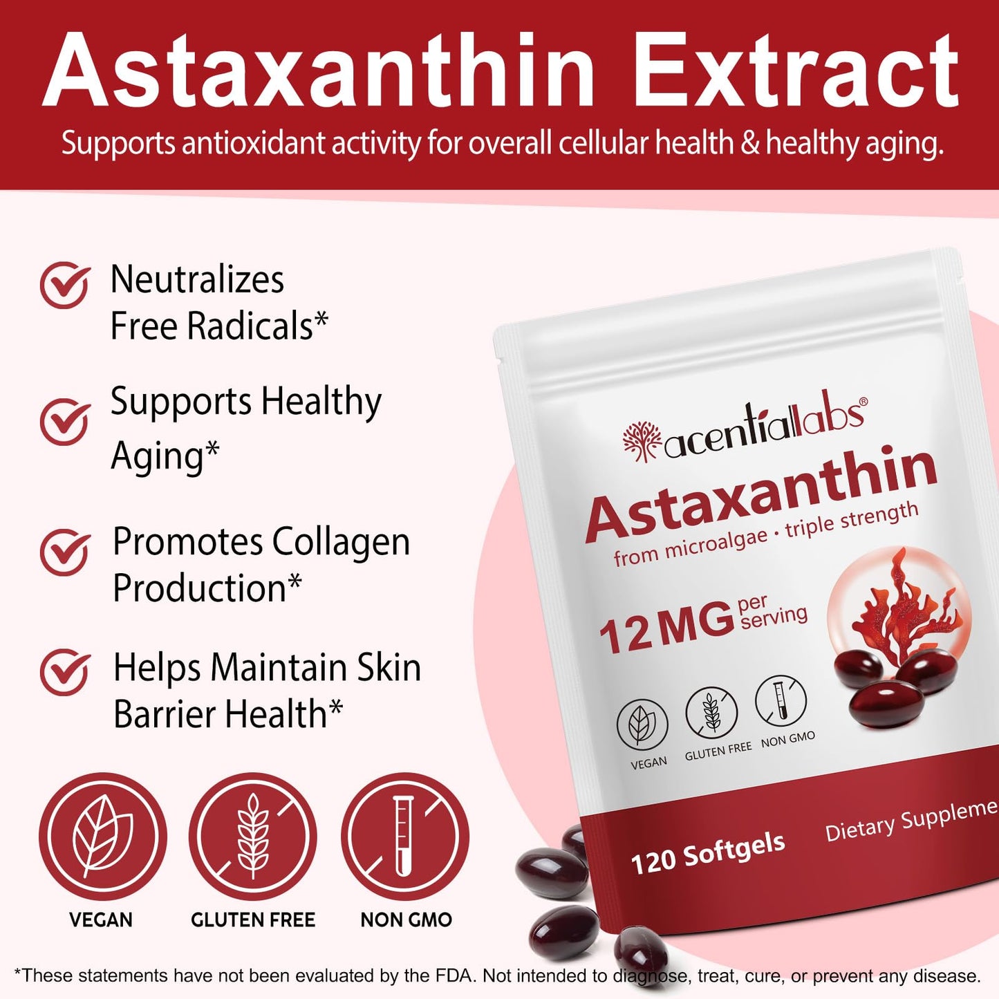 Astaxanthin 12mg 120 Softgels (4-Month) – Haematococcus Pluvialis, Non-GMO