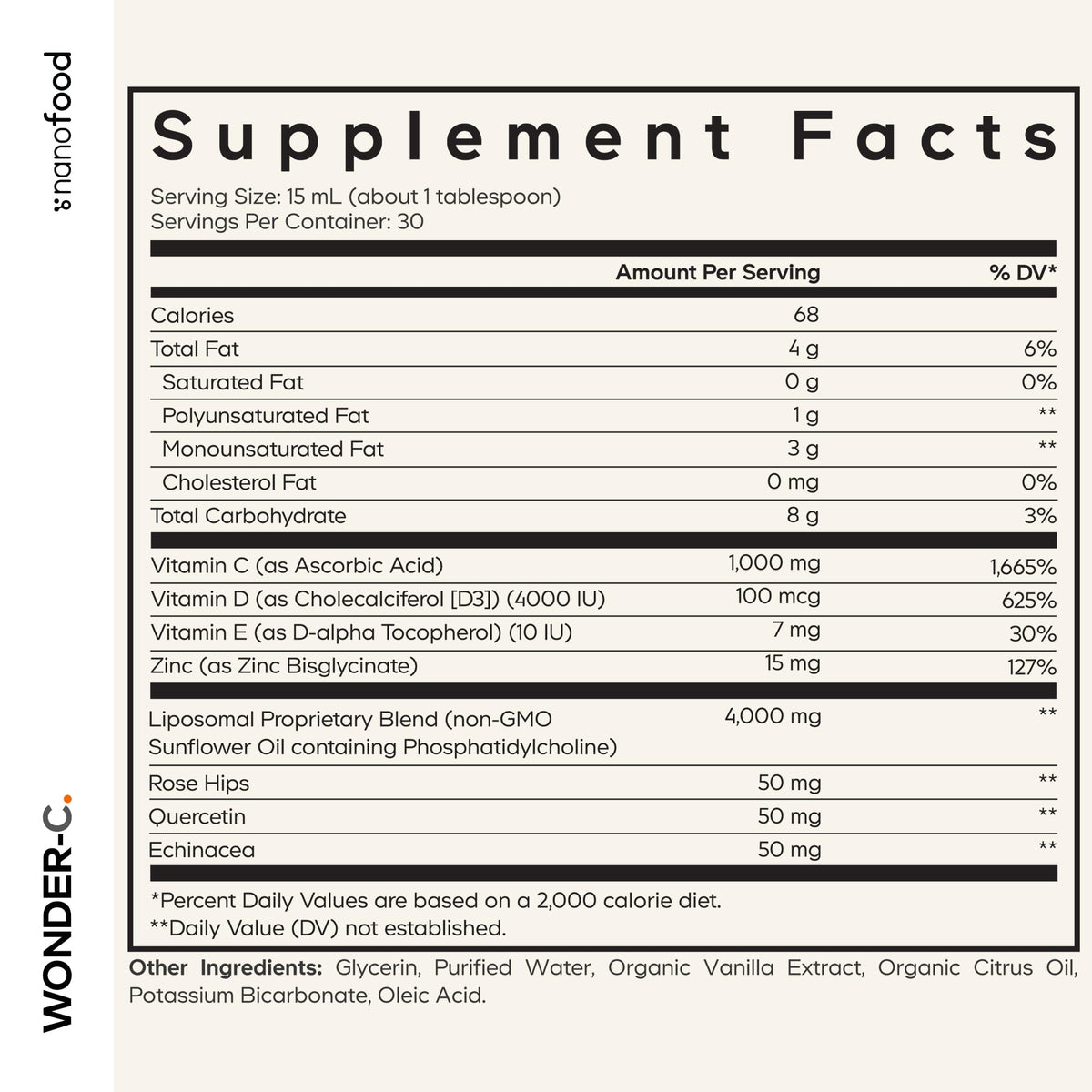 Codeage Nanofood Wonder-C Liposomal Vitamin C 1000mg – D3, E & Zinc | Rose Hips, Quercetin, Echinacea | Non-GMO, 15.22 fl oz