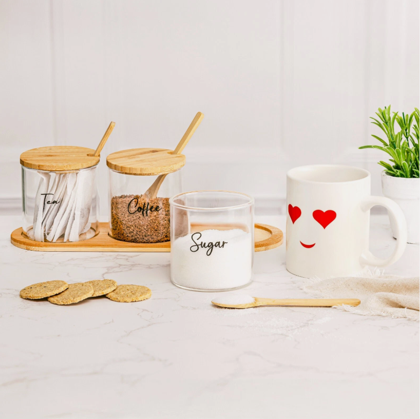 3 Glass Jar Kitchen Station Set with Wooden Tray