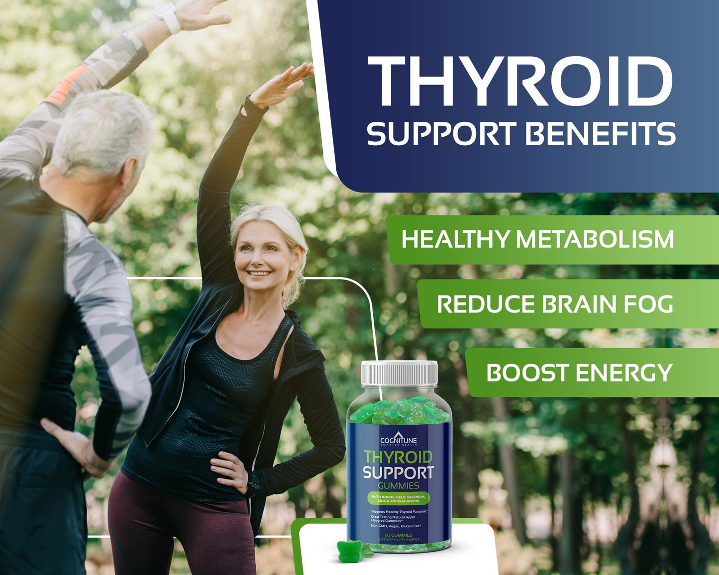 CogniTune Thyroid Support for Women and Men – Apple Flavor Gummies with Iodine, Kelp, Ashwagandha