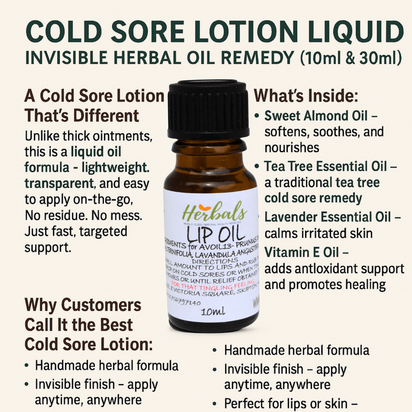 Cold Sore Lotion Liquid 10ml / 30ml Natural Herbal Oil with Tea Tree & Lavender