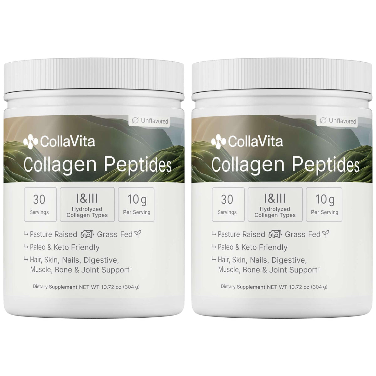 Colla Vita Collagen Peptides Powder – Grass-Fed, Hydrolyzed Type I & III, Unflavored 2 Pack (10 oz each, 30 Servings) | Hair, Skin, Nails & Joints