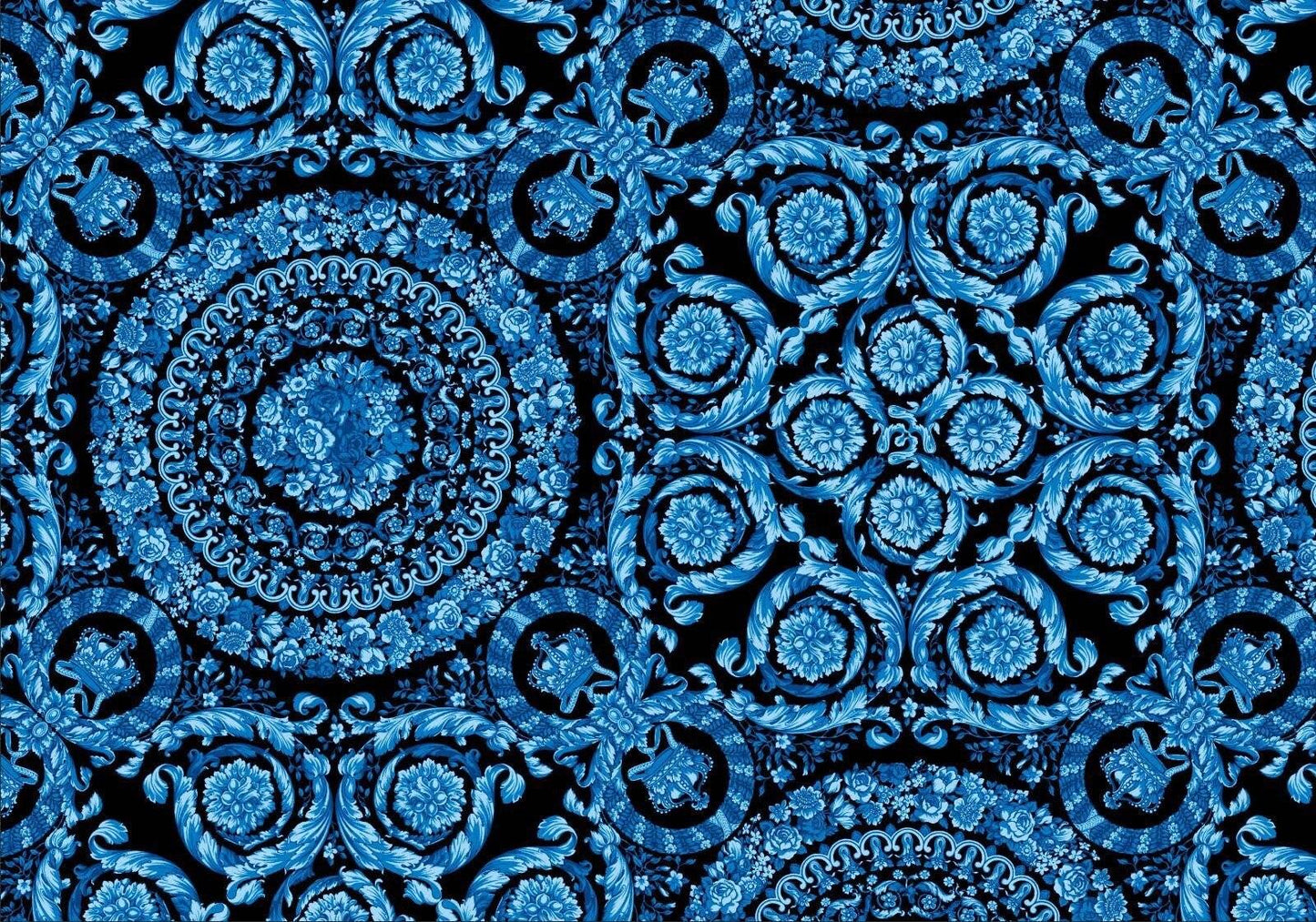 Blue Baroque Medallion Scroll Black Fabric by the Metre