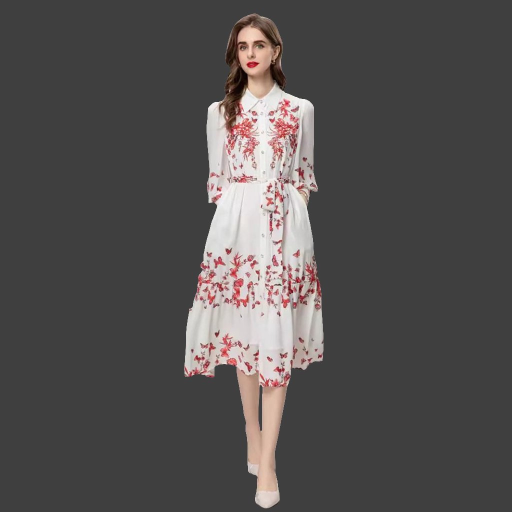 Colorful Floral Lace-Up Dress with Beads and Long Sleeves, Ideal for Heavy Industry
