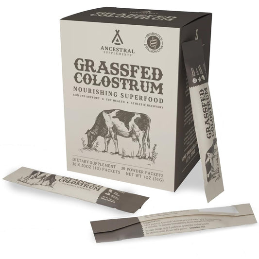 Ancestral Supplements Grass-Fed Beef Bovine Colostrum Powder Packets – Immune Support, Gut Health, 30 Sticks
