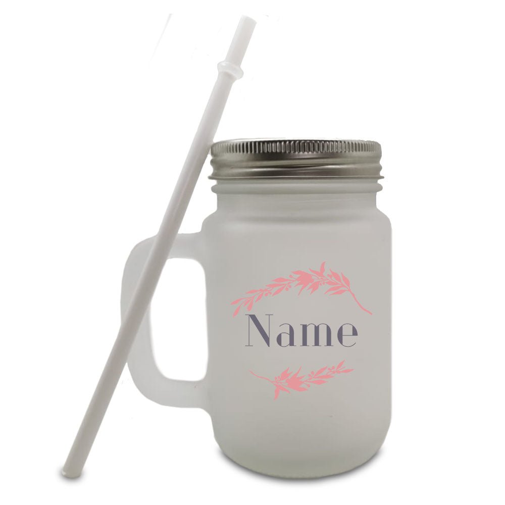 Colour Printed Frosted Mason Jar with Name and Wreath Design