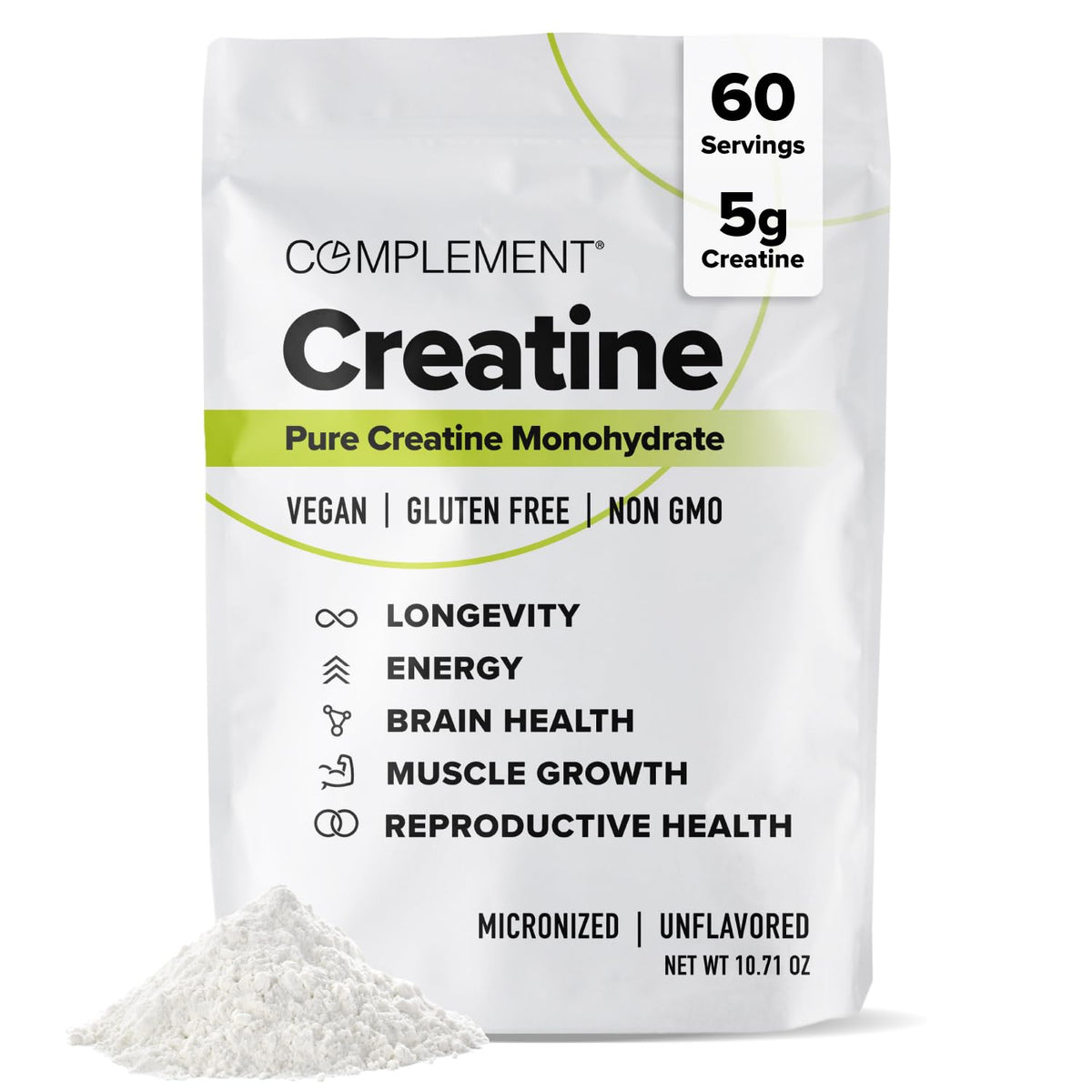 Complement Creatine Monohydrate Micronized Powder – 5g, 60 Servings | Vegan, Unflavored