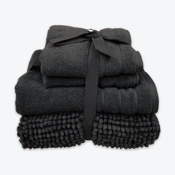 Coordinated Bobble Bath Mat & Towel Set - 4 Pack (Charcoal Grey)