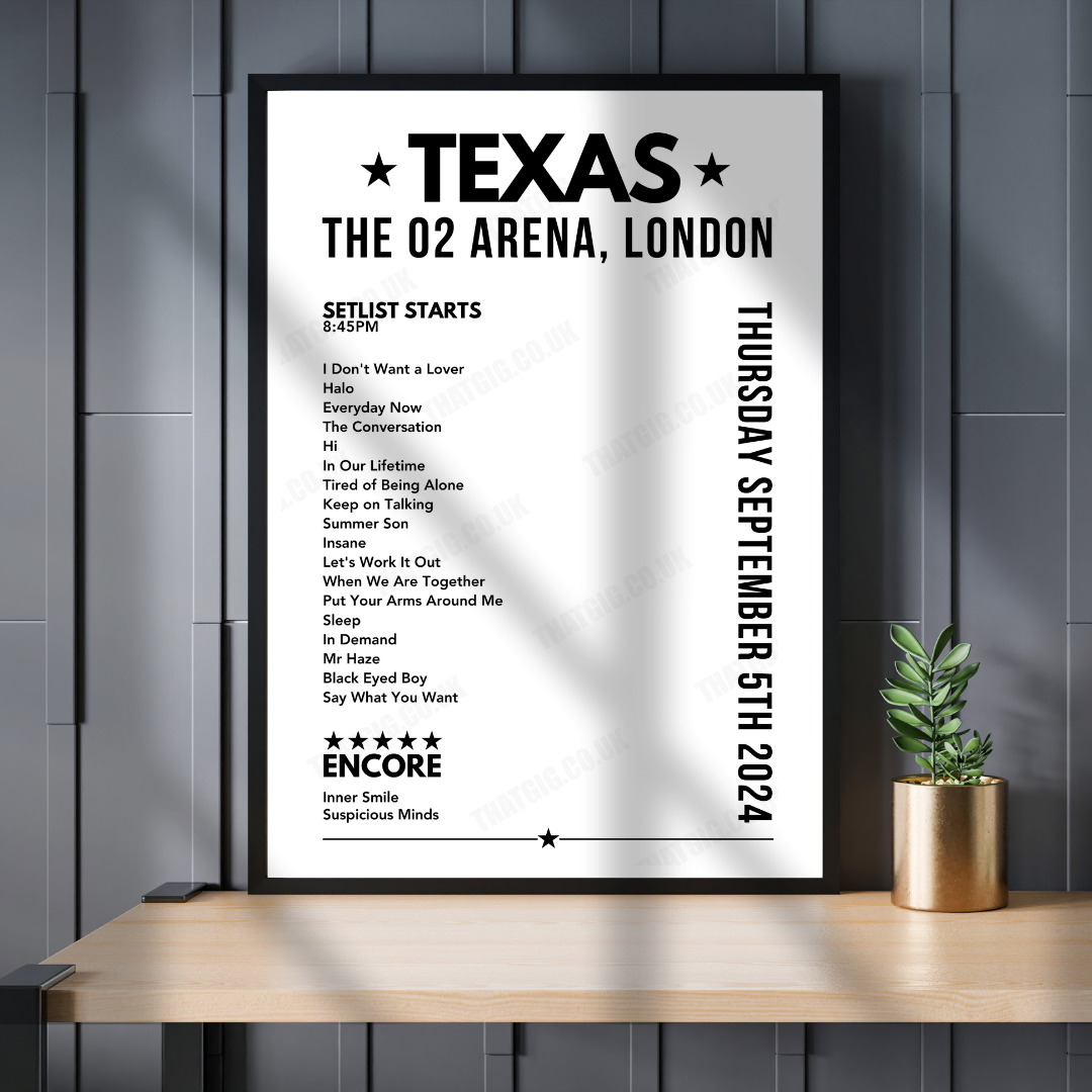 Texas Setlist Poster - The O2 Arena, London - September 5th, 2024 ...
