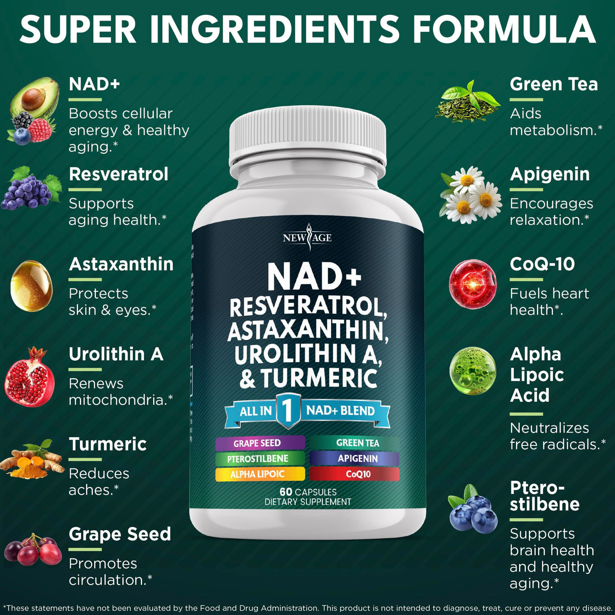 NAD+ Supplement with Astaxanthin, Urolithin A, Resveratrol & CoQ10 | Cellular Energy & Mitochondrial Support | Vegan, Non-GMO | 60 Count