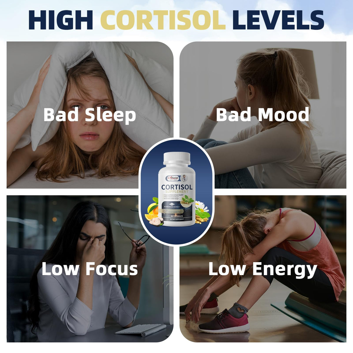 Cortisol Supplements for Women & Men - High Cortisol Reducer with Magnesium, Ashwagandha, Rhodiola, L-Theanine for Mood, Focus & Sleep