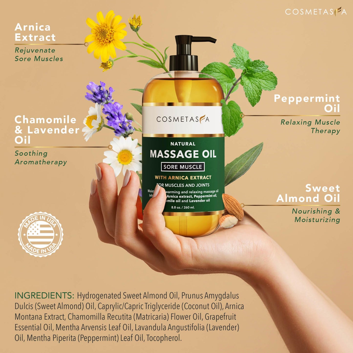 Cosmetasa Sore Muscle Massage Oil with Roller – All-Natural, Cruelty-Free (8.8 oz) Arnica, Lavender & Chamomile