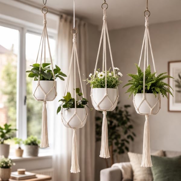 4 Pack Macrame Plant Hangers with Hooks for Indoor & Outdoor Pots