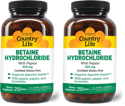 Country Life Betaine HCl with Pepsin 600 mg - 250 Tablets (Pack of 2)