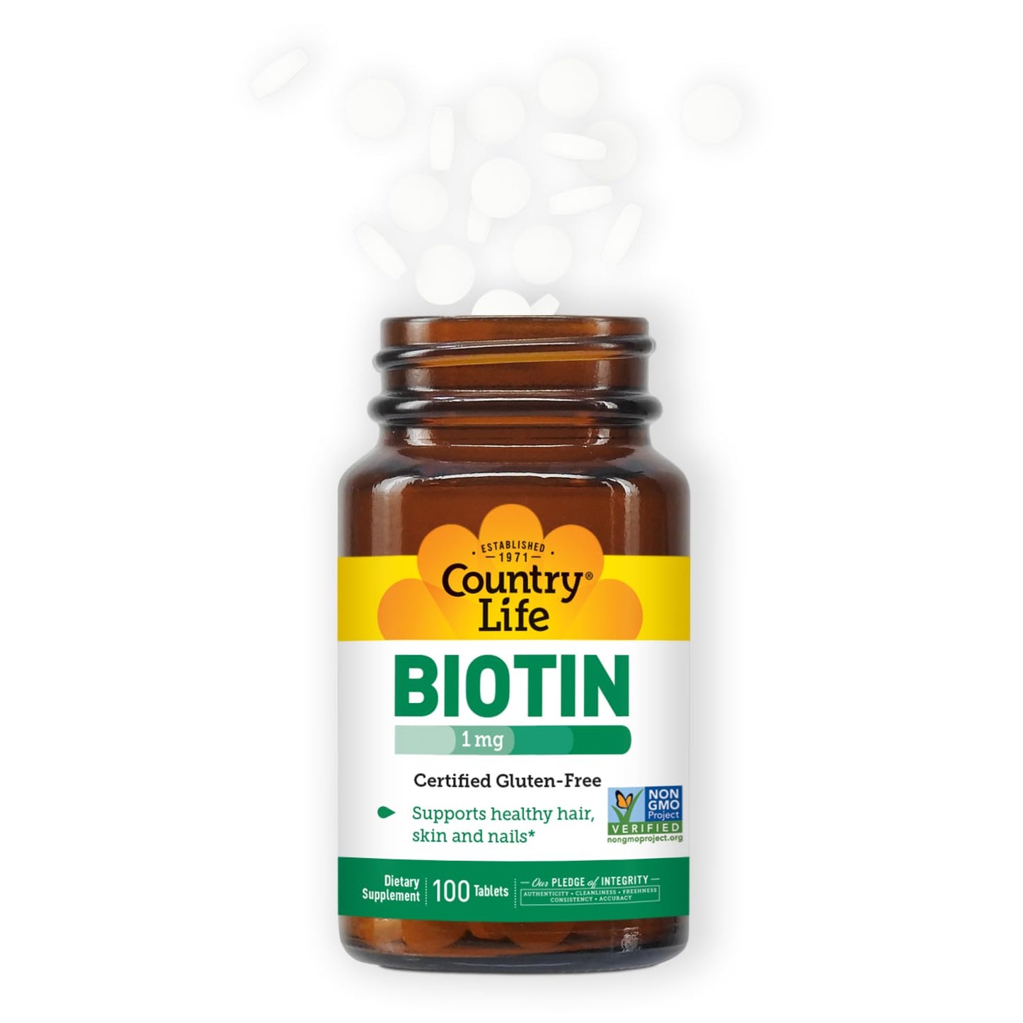 Country Life Biotin 1mg – Hair, Skin & Nails (100 Tablets) – GF, Vegan, Halal, Non-GMO