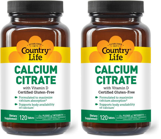 Country Life Calcium Citrate with Vitamin D 500mg – Highly Absorbable, Gluten Free, Vegan, Halal, Non-GMO – 2 x 120 Tablets