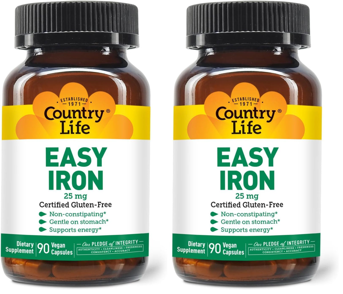 Country Life Easy Iron 25mg Capsules – Ferrochel Non-Constipating Vegan Iron Supplement (Pack of 2)