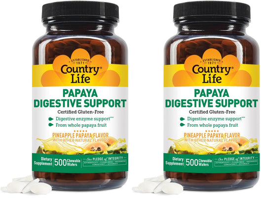 Country Life Chewable Papaya Enzymes for Digestion – Pineapple & Papaya Flavor | 200 & 500 Wafers