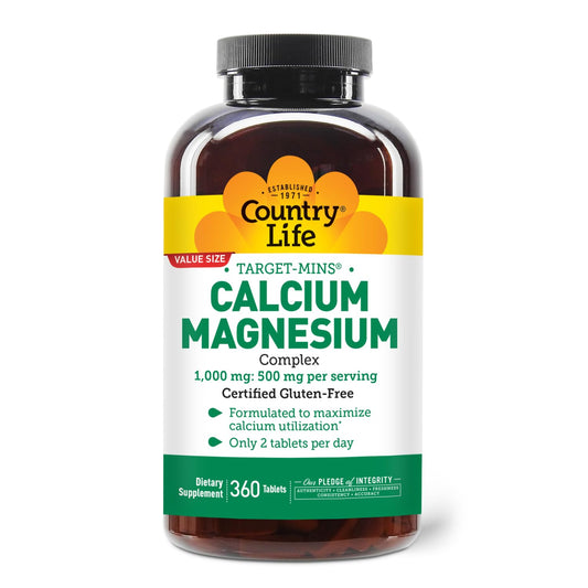 Country Life Target-Mins Calcium Magnesium – 1000mg Ca / 500mg Mg, 2:1, Gluten Free